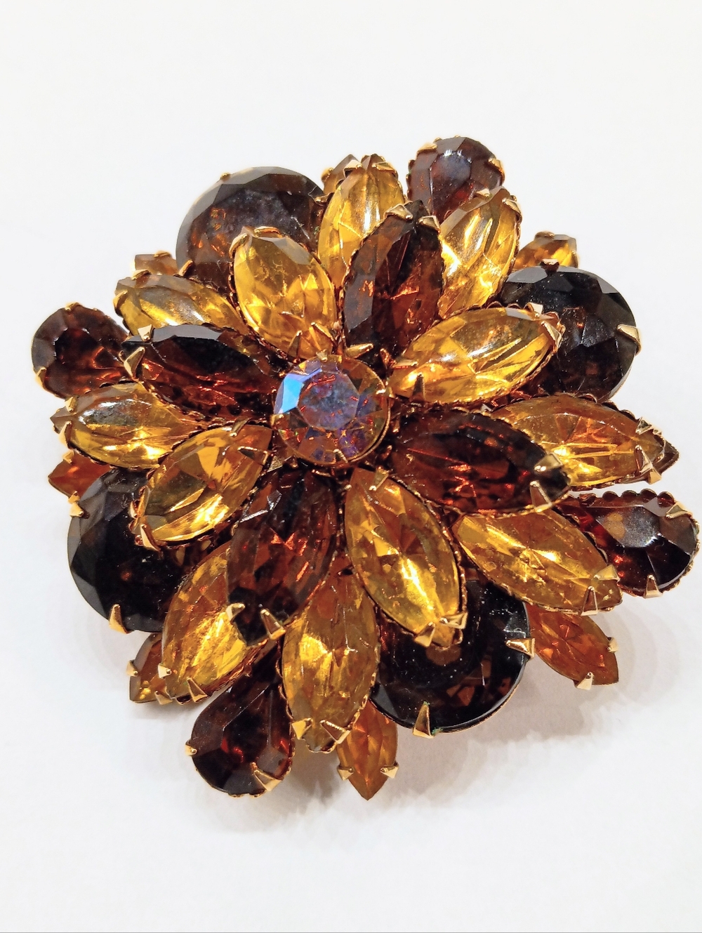 Vintage Amber Color Rhinestone Brooch Layered Beauty